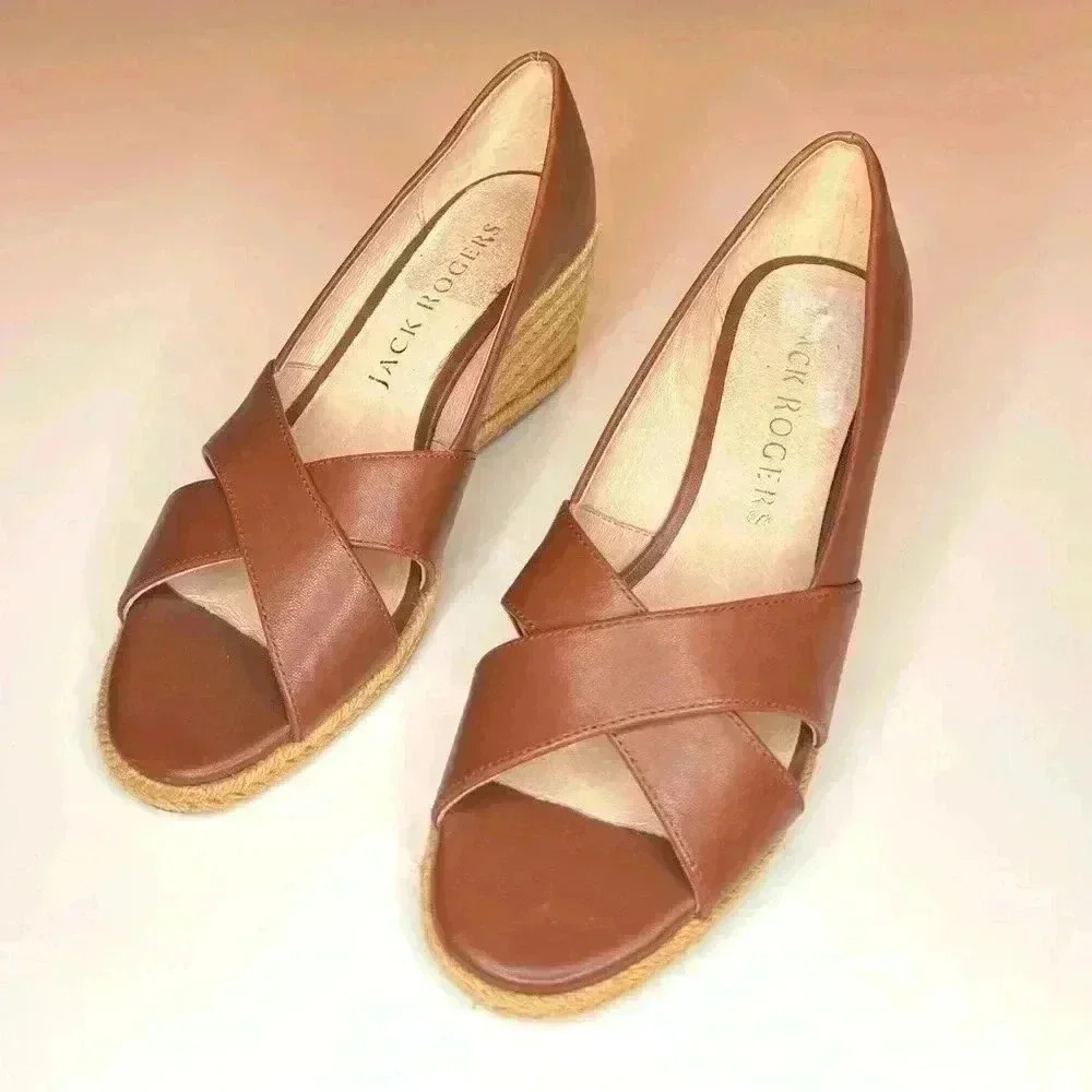 Jack Rogers Womens  PALMER Crisscross Wedge Espadrille Heels Mocha Leather SZ-6